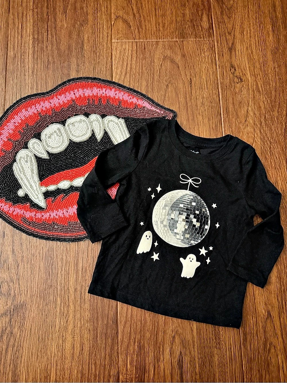 Cat & Jack Toddler Disco Ball Ghost Long Sleeve Graphic T-Shirt Tee Black & Red